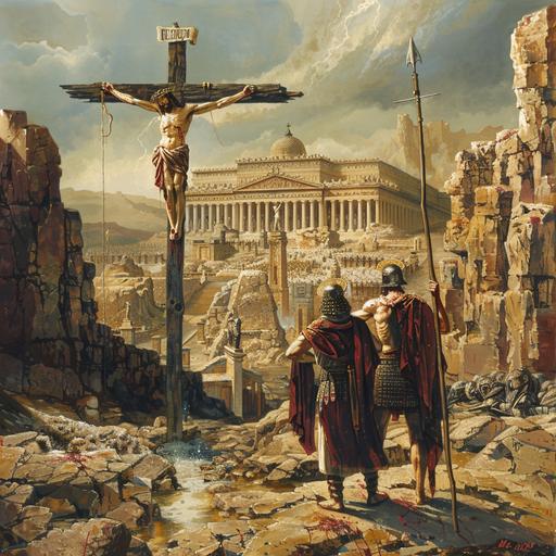 Jesus on the cross with Centurion standing nearby with a spear and the temple in the backdrop below with a crack in the earths crust leading up to the temple
