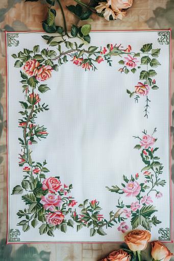 Letter sheet with ornament edge of cross-stitch embroidery in rose pattern --ar 2:3