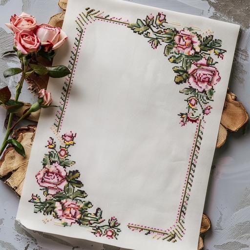 Letter sheet with ornament edge of cross-stitch embroidery in rose pattern
