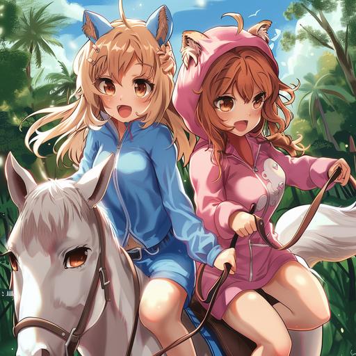 two cute anime girls the first girl has blonde curly hair, frickles, BROWN eyes and a blue costume she is riding on a white horse. the other girl has brown curly hair brown eyes and a pink costume make the pic in a green style --v 6.0