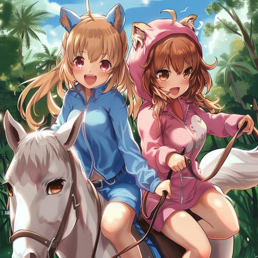 two cute anime girls the first girl has blonde hair, frickles, brown eyes and a blue costume she is riding on a white horse. the other girl has brown hair brown eyes and a pink costume make the pic in a green style --v 6.0