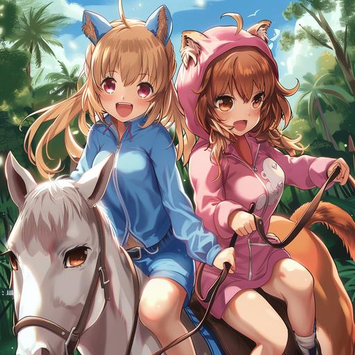 two cute anime girls the first girl has blonde hair, frickles, brown eyes and a blue costume she is riding on a white horse. the other girl has brown hair brown eyes and a pink costume she is riding on a big cat make the pic in a green style
