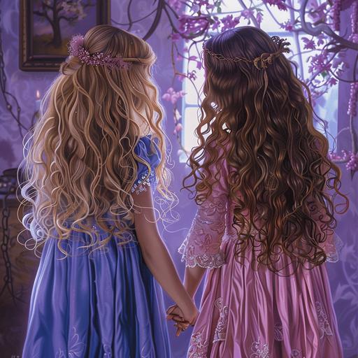 two girls holding hands in a purple room, the first girl has long blonde curly hair and a blue elf dress the second girl has long brown curly hair and a pink elf dress