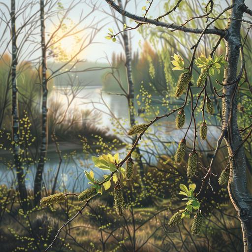 9794_Draw a realistic picture of the beginning of spring, a landscape with a view of the river and forest. In the foreground is a birch branch with young leaves and catkins, the sun shines through. High resolution, clarity, bright colors, high quality, photo style. --ar 1:1