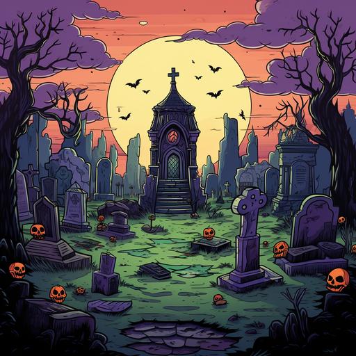 coloring book cover of cartoon grave yard with misty background