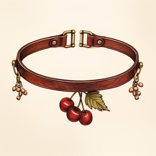 simple logo drawing of thick leather choker necklace with a bundle of chokecherries as the charm, set in the corner of the frame