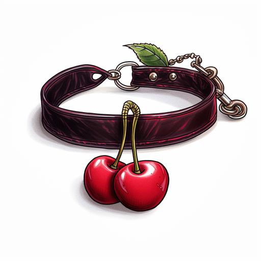 simple logo drawing of thick leather choker necklace with a cherry charm, set in the corner of the frame