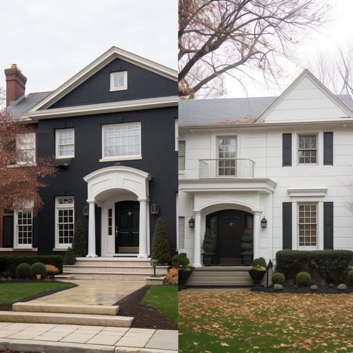 two images, a before image of a tired georgian home in a suburb of Chicago and an after image of the same home after a dramatic exterior makeover with new James Hardie sidiing, a new door, new windows, and a new portico.