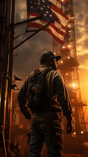 roughneck silhouette flag oil derrick , ultra HD 8K --ar 9:16 --s 750