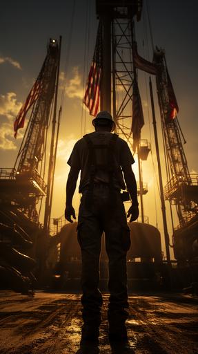 roughneck silhouette flag oil derrick , ultra HD 8K --ar 9:16 --s 750