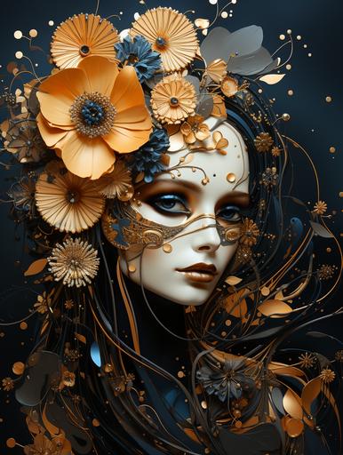a painting featuring an orange flower and dandelion, in the style of dark beige and blue, abstraction-création, detailed compositions, light gold and dark black, kinetic lines and curves, wallpaper, confetti-like dots --ar 3:4 --v 5.2 --style raw --s 750