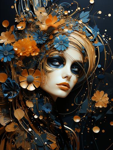 a painting featuring an orange flower and dandelion, in the style of dark beige and blue, abstraction-création, detailed compositions, light gold and dark black, kinetic lines and curves, wallpaper, confetti-like dots --ar 3:4 --v 5.2 --style raw --s 750