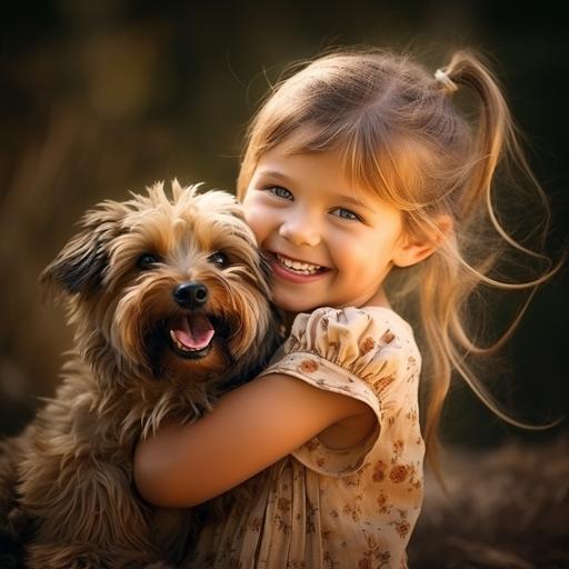 little girl, freckles, big Yorkshire Terrier, big smile, happy, hugging
