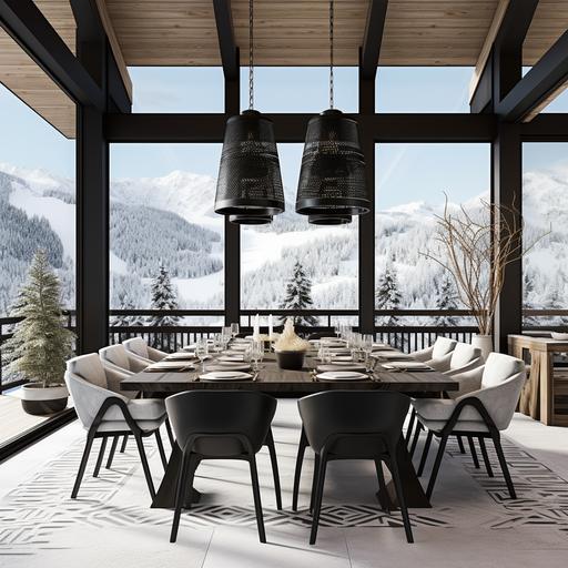 Create an image of a dining room set within an Alpine chalet. Include a black wooden table complemented by black and white chairs. The setting should also feature a black and white rug, enhancing the modern ethnic vibe. The style of the image should echo a realistic render, capturing the warm, mountainous atmosphere of the chalet. Enhance the composition with an ethnic ceiling light, infusing a soft and warm tone to the room. The medium should be digital painting with a nod to realism. Use an objective camera lens with a wide-angle shot including all elements in a single view to deliver the essence of the scene.