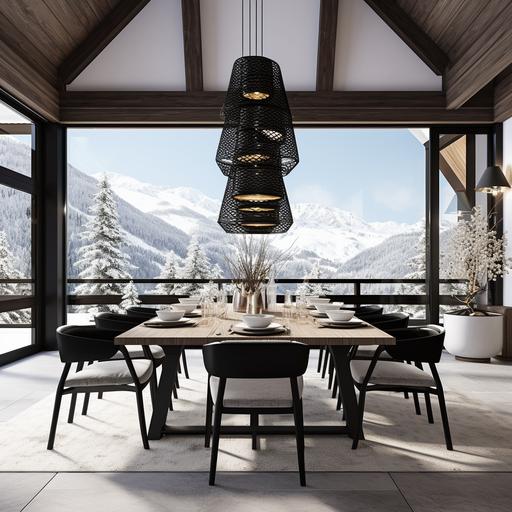 Create an image of a dining room set within an Alpine chalet. Include a black wooden table complemented by black and white chairs. The setting should also feature a black and white rug, enhancing the modern ethnic vibe. The style of the image should echo a realistic render, capturing the warm, mountainous atmosphere of the chalet. Enhance the composition with an ethnic ceiling light, infusing a soft and warm tone to the room. The medium should be digital painting with a nod to realism. Use an objective camera lens with a wide-angle shot including all elements in a single view to deliver the essence of the scene.