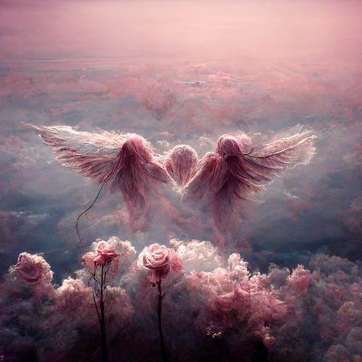 16:9 ratio; angels over a dusty pink clouds with wings and long hair with dusty pink roses around