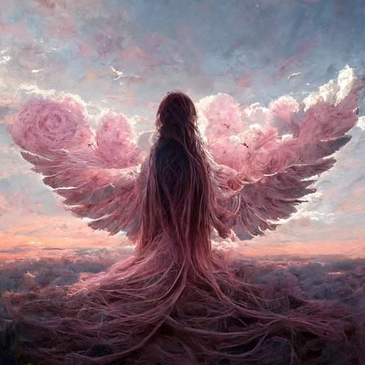 angel over a dusty pink clouds with wings and long hair with dusty pink roses around 16:9