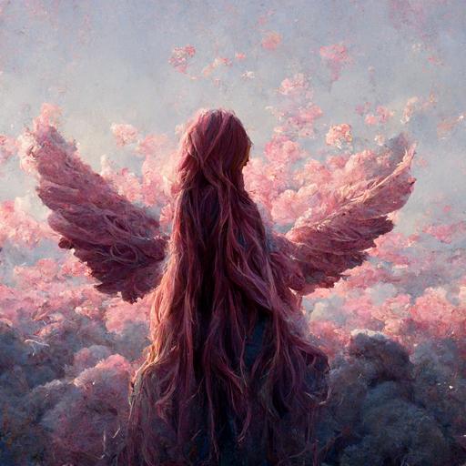 angel over a dusty pink clouds with wings and long hair with dusty pink roses around 16:9