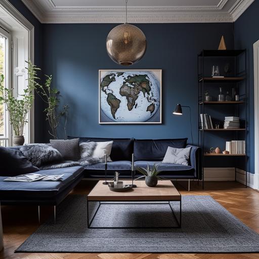 living room in midnight blue, grey and anthracite, large room, round blue hanging lamp above the blue sofa, rectangular wooden table with metal legs, carpet under the coffee table, white baseboard radiator under a large window bathed in light, wall shelves canon