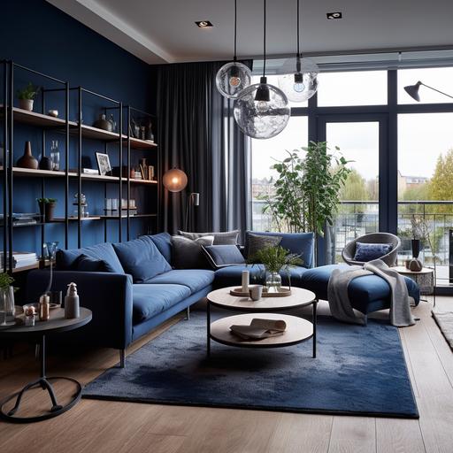 living room in midnight blue, grey and anthracite, large room, round blue hanging lamp above the blue sofa, rectangular wooden table with metal legs, carpet under the coffee table, white baseboard radiator under a large window bathed in light, wall shelves canon