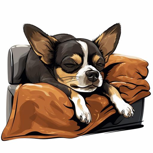 a cartoon, brown black and white chihuahua dog sleeping