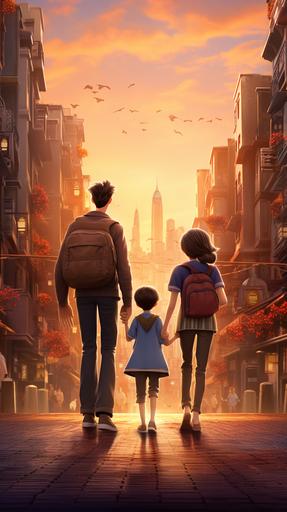 Mom and dad holding hands on both sides of the child, going in the direction of the arrow, the background feels like an alley in the city, Ghibli style, photorealistic, 8k, natural lighting, HDR, high resolution, shot on IMAX Laser, intricate details, --ar 9:16