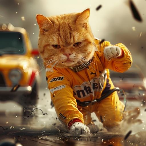A cute fat yellow cat in a Formula 1 sports suit was racing when he was hit by another car, causing an accident that injured the cat.