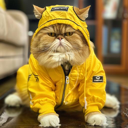 Cute yellow fat cat in formula 1 tracksuit