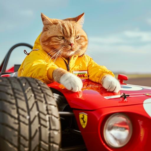 Cute yellow fat cat in formula 1 tracksuit sitting on red formula 1 car