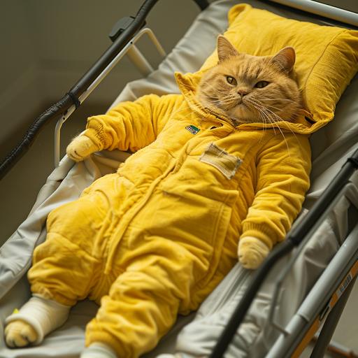 Cute yellow fat cat in formula 1 tracksuit with injured leg lying on stretcher