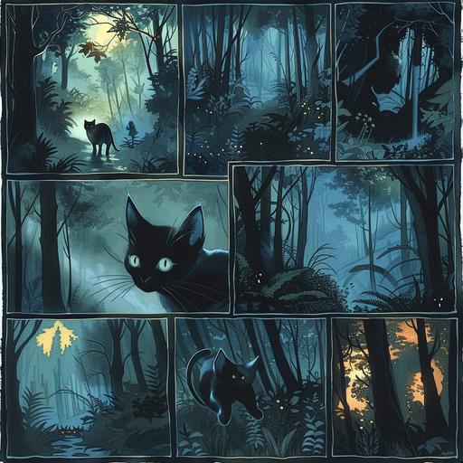 Panel 1: [Image: A dense, enchanted forest with tall trees and magical surroundings.] Panel 2: [Image: Whiskers, a curious cat, standing at the outskirts of his cozy home, looking into the forest.] Panel 3: [Image: Whiskers trotting along winding paths, enchanted by mysterious sights and sounds.] Panel 4: [Image: The tall trees casting long shadows as Whiskers strays farther from familiar territory.] Panel 5: [Image: Dusk settling in, the forest taking on an eerie ambiance.] Panel 6: [Image: Whiskers feeling a sense of unease as he realizes he's in an unfamiliar part of the woods.] Panel 7: [Image: A low growl echoing through the trees, and a pair of glowing eyes emerging from the shadows.] Panel 8: [Image: A sleek and powerful predator leaping out, its fur bristling, and claws unsheathed.] Panel 9: [Image: Emma, the kind-hearted hunter, skillfully intervening to distract the wild creature.] Panel 10: [Image: Emma leading Whiskers through the forest, crossing babbling brooks, until they reach the outskirts. Whiskers nuzzling against Emma in gratitude.]