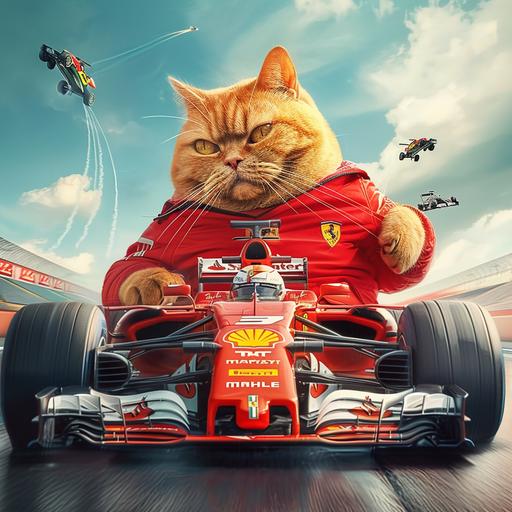 cute fat yellow cat in formula 1 tracksuit sitting on a red formula 1 car racing with other formula 1 cars
