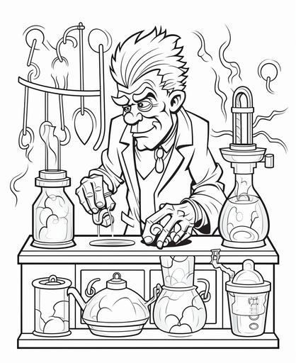 Coloring page for kids, Frankenstein's monster in a lab,cartoon style,thick lines,low details,no shadow --ar 9:11
