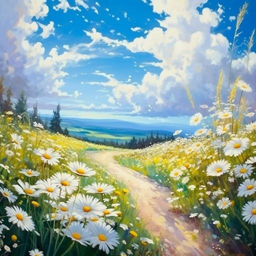 fields of daisies, under skies so blue,road