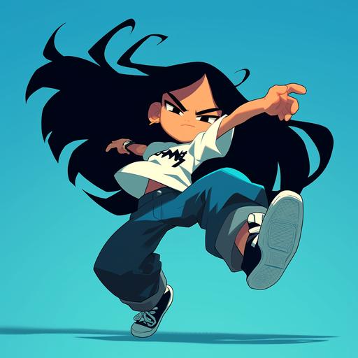 2d hiphop boy character,very simple, mischievous mad face ,Fly high, animation 'the power puff girl' style, white t-shirts, black long hair, SD chracter, vector graphics, minimalistic,small body ,full shot,Blue jeans, chromakey,No glasses ,no hat --niji 6