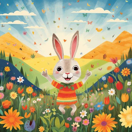 Create a book cover that features Leo the rabbit at the center, standing on his hind legs, with wide-open eyes filled with wonder. Behind him, there should be a rich and colorful landscape that combines various elements explored in the story: a field of colorful flowers on one side, symbolizing the encounter with talking flowers; a winding river with musical notes emanating from the water, representing the singing river; and the imposing ancient tree standing proudly, symbolizing the lesson of the tree about time and growth. The sky above the scene should smoothly transition from daytime blue to the pink and orange hues of sunset, evoking Leo's journey from discovery to returning home. Butterflies and small forest animals can be scattered around Leo, adding to the vibrancy of the scene. The book's title should be written in a soft and welcoming font, with letters that appear to be part of nature itself, perhaps formed by branches, leaves, or flowers. Please provide both a French and an English book cover.