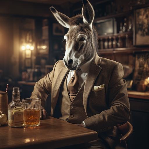 donkey wearing suit drinking whiskey in upscale bar