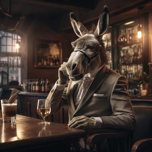 donkey wearing suit drinking whiskey in upscale bar