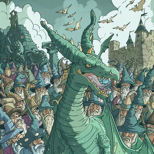 a green dragon surrounded by too many wizards, cartoon style
