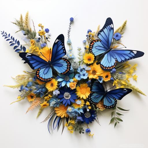 HYPER REALISTIC, LARGE AND SMALL, BLUE MONARCH BUTTERFLIES, BY RIVER, AMONG FLOWERS