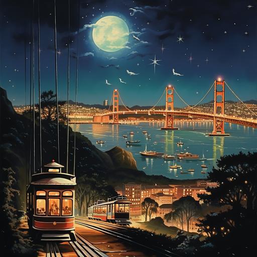 Realistic poster of moon lighted San Francisco cable cars, with Golden Gate Bridge in background at night sparkling city lights