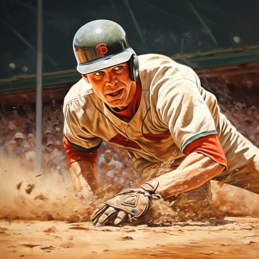 poster of muscular baseball player sliding in to home plate on baseball diamond