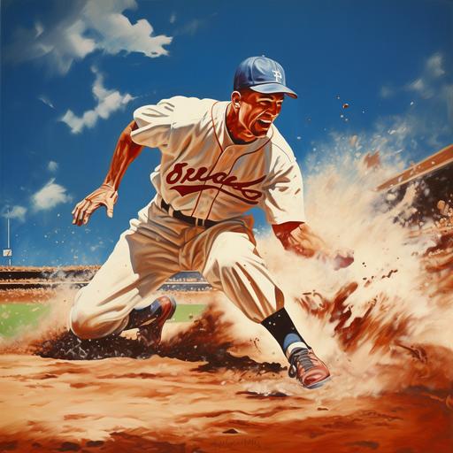 poster of muscular baseball player sliding in to home plate on baseball diamond