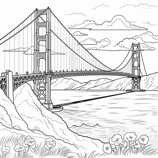 imagine coloring page for kids, Golden State Bridge, cartoon style, thick line, low detailm no shading