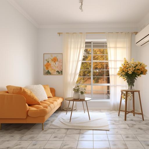 renovate this room to be a cute 60s style contemporary vintage living room, with soft lighting, lace curtains, flowers in a vase, artwork on the walls, white tiles, photo realistic, golden hour