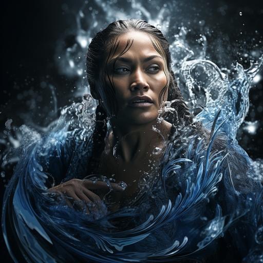 a cover photography, body and face photo, a beautiful older polynesian/maori woman covered in water and liquid, clothes ethic indigenous, hyper realistic, model photography 500px, poses, detailed, intricate