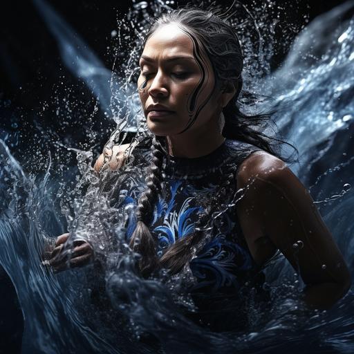 a cover photography, body and face photo, a beautiful older polynesian/maori woman covered in water and liquid, clothes ethic indigenous, hyper realistic, model photography 500px, poses, detailed, intricate