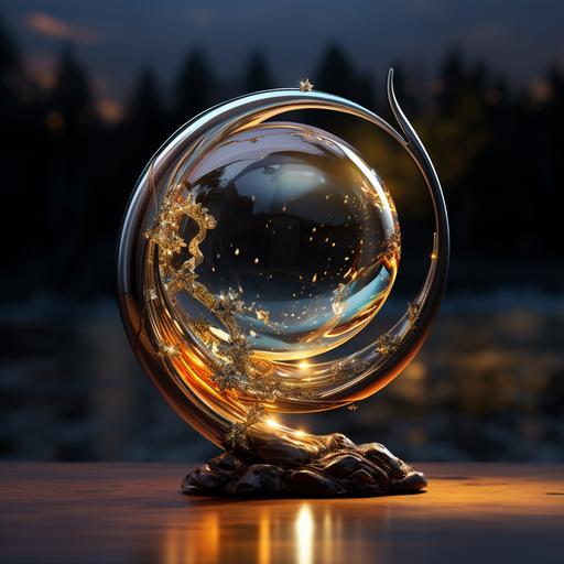 crescent moon, shiny metal and glass sphere