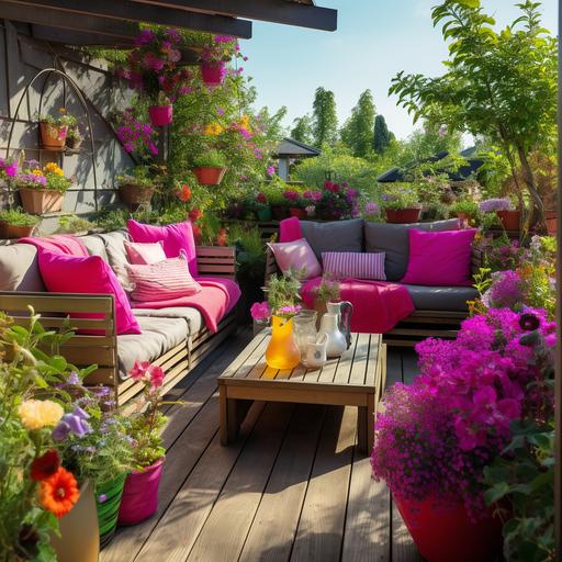 deck setting, colorful deck sofa, flowering magenta boungavilla, lush green grass, colourful flowers, sunny day