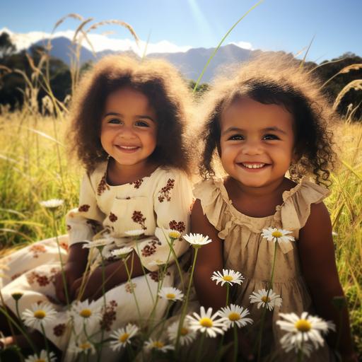 maori/samon baby girls sitting in a daisy field
